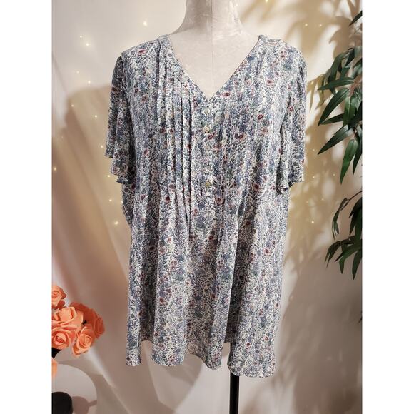 Rose + Olive Ditsy Floral Pintuck Pleat Popover Blouse Top Plus Size 2X Cottage - Picture 1 of 12